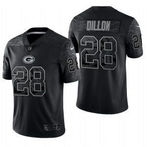 Men's Green Bay Packers #28 A. J. Dillon Black Reflective Limited Jersey